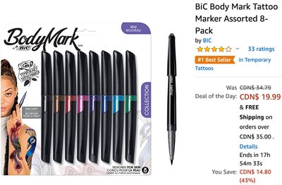 Amazon Canada Deals Of The Day: Save 43% on BiC Body Mark Tattoo Marker Assorted 8-Pack