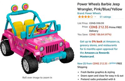 Amazon Canada Deals: Save 47% on Power Wheels Barbie Jeep Wrangler + 60% on Anker Powerline+ Lightning Cable 6ft Fast Charging Cable + More Offers