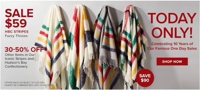 Hudson’s Bay Canada One Day Sale: Today, Save 60% on HBC STRIPES Fuzzy Throw + More Deals