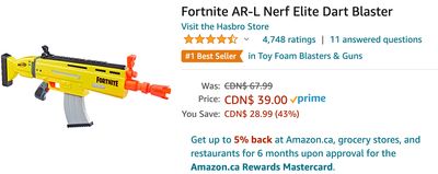 Amazon Canada Deals: Save 43% on Fortnite AR-L Nerf Elite Dart Blaster + More Offers