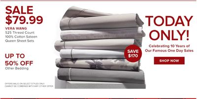 Hudson’s Bay Canada One Day Sale: Today, Save 68% on VERA WANG 100% Cotton Sateen Queen Sheet Sets + up to 50% off Other Bedding