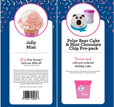 Baskin Robbins Canada December Coupons: BOGO 50% Off Scoops, FREE Pre-Pack with Pre-Ordered Holiday Cake