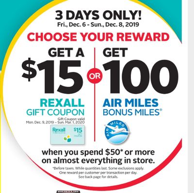 Rexall Pharma Plus Drugstore Canada Coupon & Flyers Deals: FREE $15 Gift Card or 100 Air Miles With $50 Purchase + More