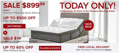 Hudson’s Bay Canada One Day Sale: Today, Save $500, SEALY Fairmont III Pillow Top Queen Mattress + FREE Local Delivery + More Deals
