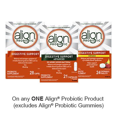Save $3.00 when you buy any ONE Align Probiotic Product (excludes Align Probiotic Gummies and trial/travel size, value/gift/bonus packs)