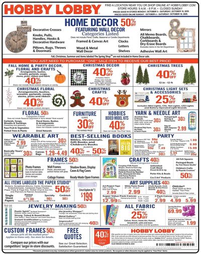 Hobby Lobby Weekly Ad Flyer October 4 to October 10