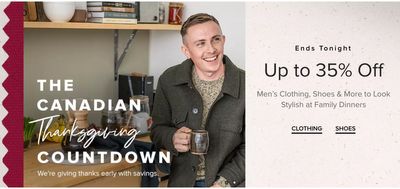 Hudson’s Bay Canada Thanksgiving Countdown Sale: Today, Save up to 35% Off Men’s Clothing + FREE Shipping, No Minimum Purchase