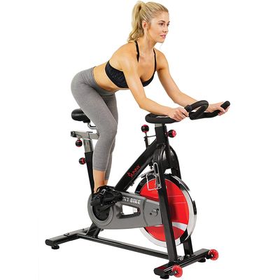 Sunny Health & Fitness 49 Lb Chromed Flywheel, Silent Belt Drive Indoor Cycle Bike with Leather Resistance Pad on Sale for at Amazon Canada