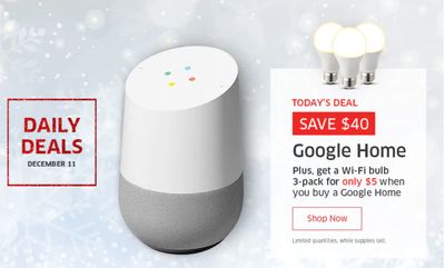 The Source Canada Holiday Daily Deals: Today, Save $40 off Google Home + Wi-Fi Bulb 3-pack for $5 when you buy a Google Home