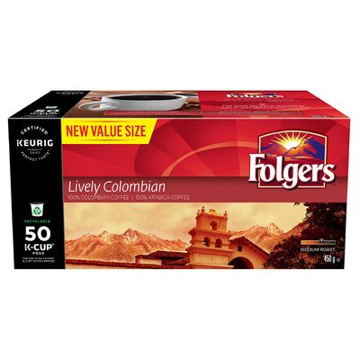 Folgers Lively Colombian K-Cup Coffee Pods 50 Count on Sale for $ 19.99 (Save $ 8.00) at Amazon Canada