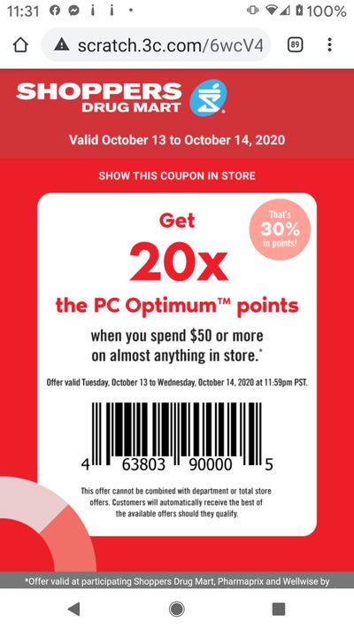 Shoppers Drug Mart Canada Tuesday Text Offer: Get 20x The Points When You Spend $50 Or More Oct 13th & 14th
