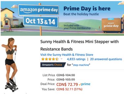 Amazon Canada Prime Day Deals: Today Is Last Day, Save 31% off Sunny Health & Fitness Mini Stepper + More Offers
