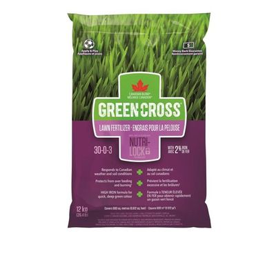 Green Cross 12-kg Lawn Fertilizer with Nutri-Lock Technology and 2% Iron (30-0-3) On Sale for $8.09 (Save $18.90) at Lowes Canada
