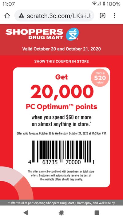 Shoppers Drug Mart Canada Tuesdau Text Offer: 20,000 PC Optimum Points When You Spend $60