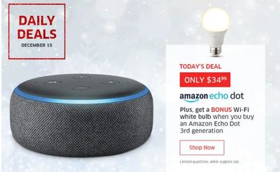The Source Canada Holiday Daily Deals: Today, Save 50% on Amazon Echo Dot 3rd Generation + a Bonus Wi-Fi White Bulb