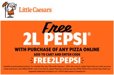 Little Caesars Canada Promotions: FREE 2 Litre Pepsi with Purchase of Any Pizza Online with Coupon Code!