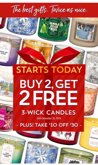 Bath & Body Works Canada Deals: 2 FREE 3-Wick Candles + Save $10 Off $30 with Coupon + More
