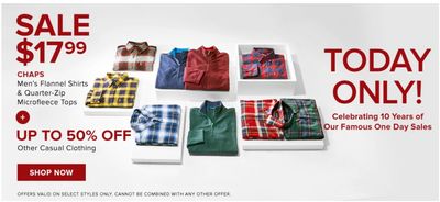 Hudson’s Bay Canada Holiday One Day Sale: Today, Save 70% off Chaps Men’s Flannel Shirts & Quarter-Zip Microfleece Tops