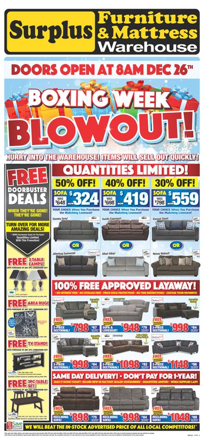 Surplus Furniture & Mattress Warehouse (Sudbury) Boxing Week Flyer December 17 to 30
