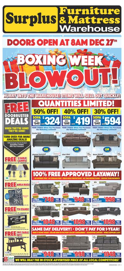 Surplus Furniture & Mattress Warehouse (Saint John) Boxing Week Flyer December 17 to 30