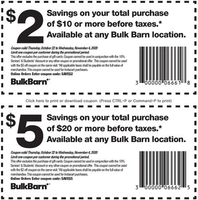 Bulk Barn Canada Coupons: Save $2 to $5 Off, until November 4