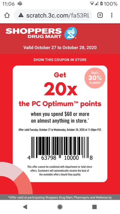 Shoppers Drug Mart Canada Tuesday Text Offer: Get 20x The PC Optimum Point When You Spend $60