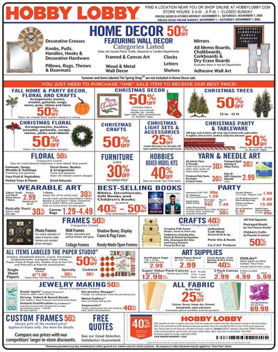Hobby Lobby Weekly Ad Flyer November 1 to November 7