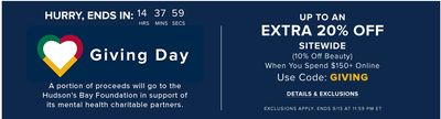 Hudson’s Bay Giving Day Online: Spend $150 or More and Get Extra 15% to 20% Off, With Promo Code 