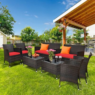 Gymax 8PCS Patio Rattan Conversation Furniture Set Outdoor w/ Red Cushion On Sale for $ 613.99 at Best Buy Canada