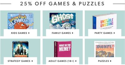 Indigo Chapters Canada Deals: Save 25% off Games & Puzzles + 25% off Home Event + 15% Off Regular Priced Items with Promo Code