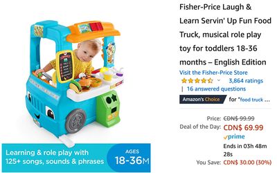 Amazon Canada Deals: Save 30% on Fisher-Price Laugh & Learn Servin’ Up Fun Food Truck + 36% on Naipo Shiatsu Massage Pillow + More Offers