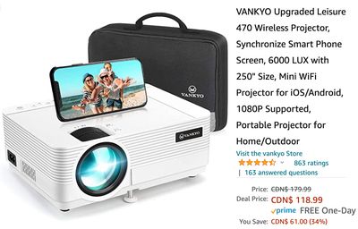 Amazon Canada Deals: Save 34% on VANKYO Upgraded Leisure Wireless Projector + 43% on VANKYO StayTrue Projector Screen 120 ” + More Offers Amazon Canada Deals: Save 34% on VANKYO Upgraded Leisure Wireless Projector + 43% on VANKYO StayTrue Projector Screen 120 ” + More Offers