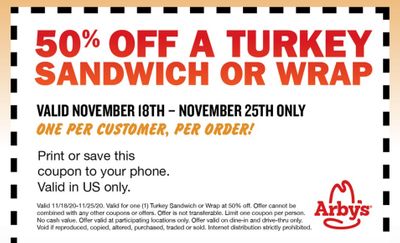 Enter Sweepstakes to Win an Arby's Deep Fried Turkey Pillow and Immediately Get a 50% Off Coupon for an Arby's Turkey Sandwich or Wrap