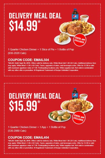 Swiss Chalet Canada Delivery Meal Deals: Get 1 Quarter Chicken Dinner + Pie + pop for $14.99 or 1 Quarter Chicken Dinner + appetizer + pop for $15.99
