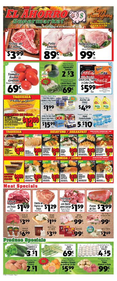 El Ahorro Supermarket Thanksgiving Weekly Ad Flyer November 18 to November 26, 2020