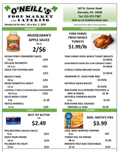 O'Neill's Food Market Thanksgiving Weekly Ad Flyer November 18 to December 2, 2020