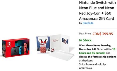 Amazon Canada Pre Boxing Day Sale: Nintendo Switch with Neon Blue and Neon Red Joy‑Con + Amazon.ca Gift Card for