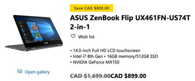 Microsoft Store Canada Offers: Save $800 – 47% on ASUS ZenBook Flip 14″ 2-in-1 Laptop, now for $899