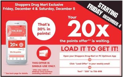 Shoppers Drug Mart Canada Offers: Get 20X The Points With Your Loadable Offer + 2 Day Sale