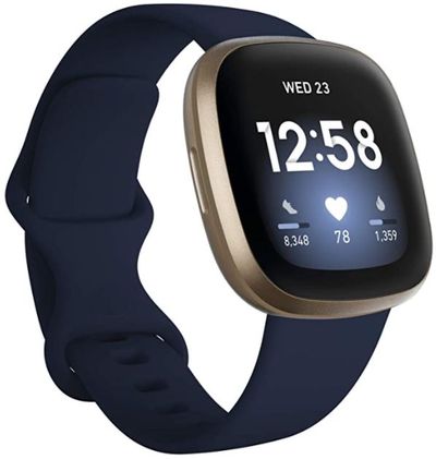 Fitbit Versa 3 Health & Fitness Smartwatch with GPS, 24/7 Heart Rate, Alexa Built-in, 6+ Days Battery, Midnight Blue / Gold, One Size (S & L Bands Included) For $249.95 At Amazon Canada