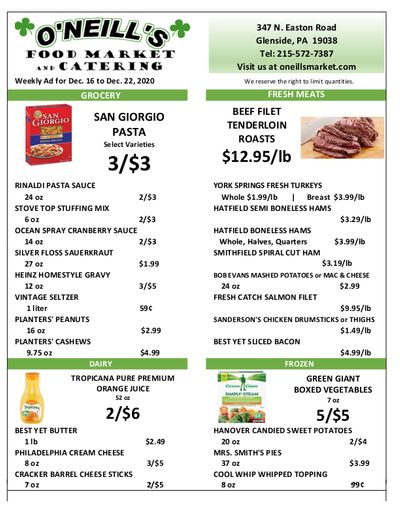 O'Neill's Food Market Holiday Weekly Ad Flyer December 16 to December 22, 2020