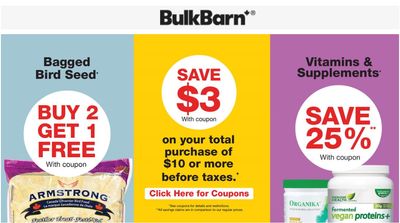 Bulk Barn Canada Coupons: Save $3 Off Your Total Purchase of $10 + Buy 2, get 1 FREE Bagged Bird Seed + 25% off Vitamins & Supplements + More