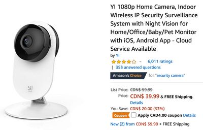 Amazon Canada Deals: Save 40% on YI 1080p Home Camera with Coupon+ 36% on Evenflo Symphony Sport Horizon Car Seat