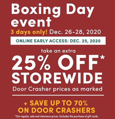 Mark’s Canada Boxing Day 2020 Event Sale Starts Online NOW! Extra 25% off Everything Sitewide + Save up to 70% off Door Crashers Deals