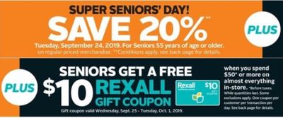 Rexall Pharmaplus Canada Super Bonus Seniors’ Day Deals: Save 20% Off + FREE $10 Rexall Gift Coupon