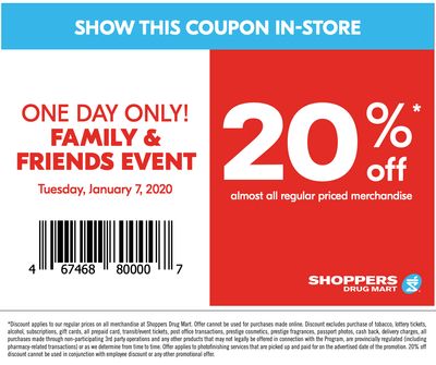 Shoppers Drug Mart Canada Family & Friends Event Save 20% Off on January 7