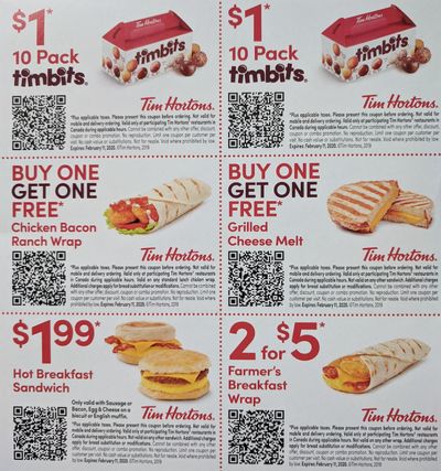 Tim Hortons Canada NEW Coupons: 10 Pack Timbits for $1 + Buy one Get One FREE, Chicken Bacon Ranch Wrap + More Coupons