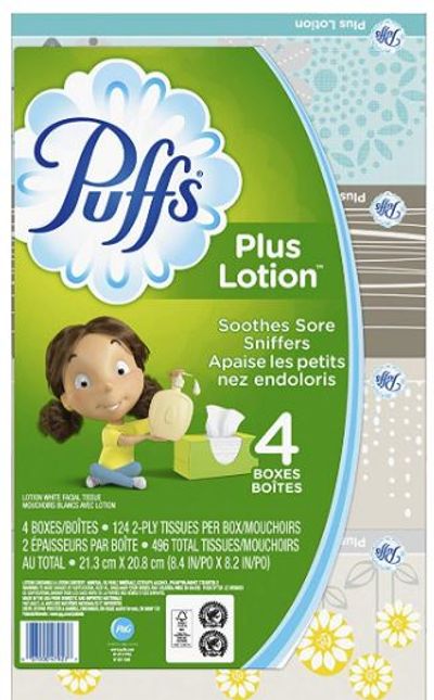 Puffs Plus Lotion Facial Tissue, 4 Family Boxes, 124 Tissues per Box For $5.99 At Amazon Canada