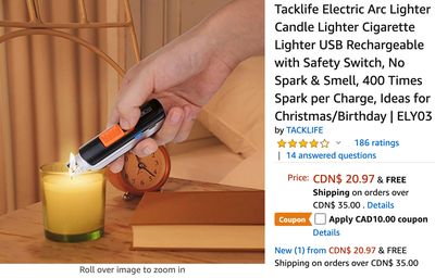 Amazon Canada Deals: Save 48% on Tacklife Electric Arc Lighter Candle Lighter with Coupon + 38% on Storkcraft Custom Tuscany Glider and Ottoman
