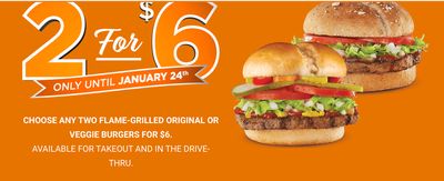 Harvey’s Canada Offer: 2 Original or Veggie Burgers for $6, January 1 - 31